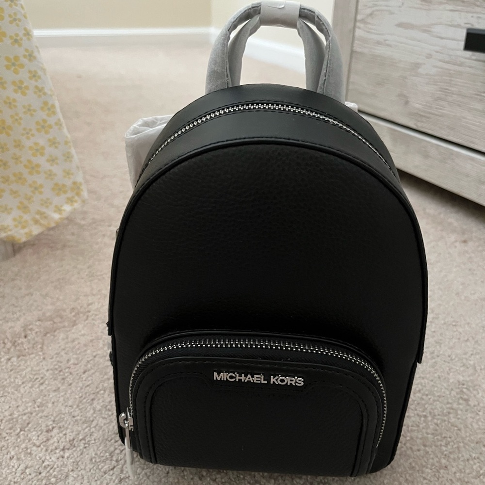 Brand New Michael Kors Black Leather Mini Backpack with Silver Details
